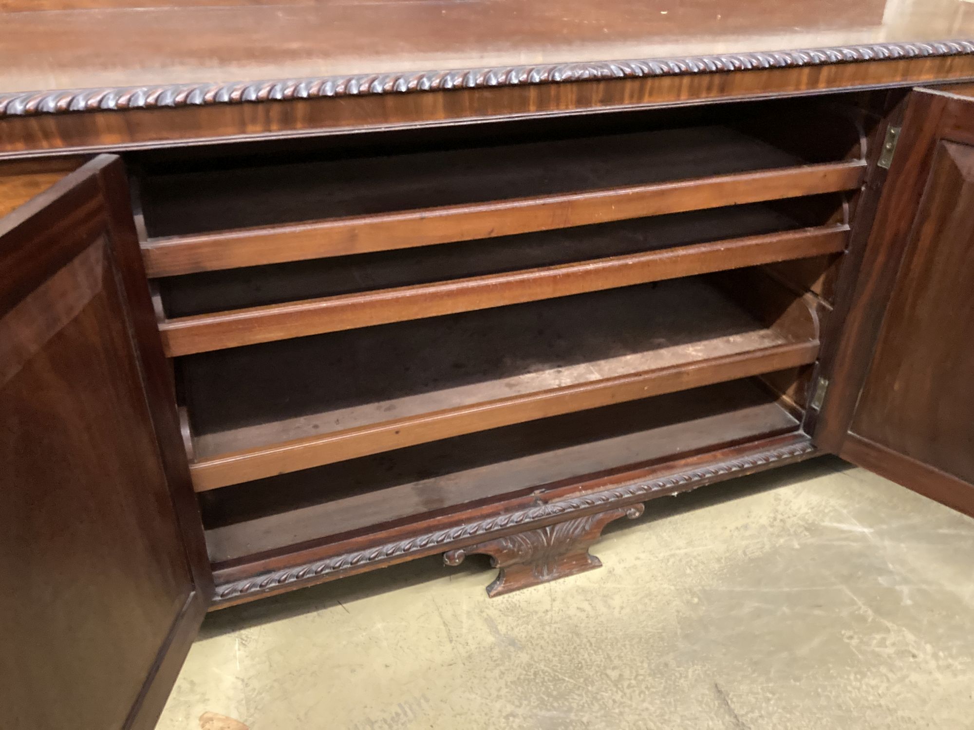 A late 19th/early 20th century Chippendale revival mahogany buffet, length 220cm, depth 61cm, height 100cm